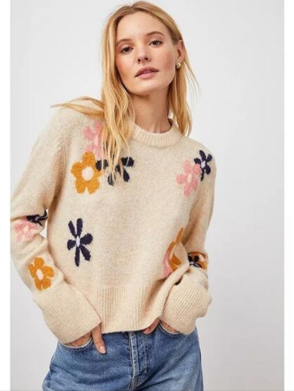 Rails cream wool blend retro inspired floral print sweater